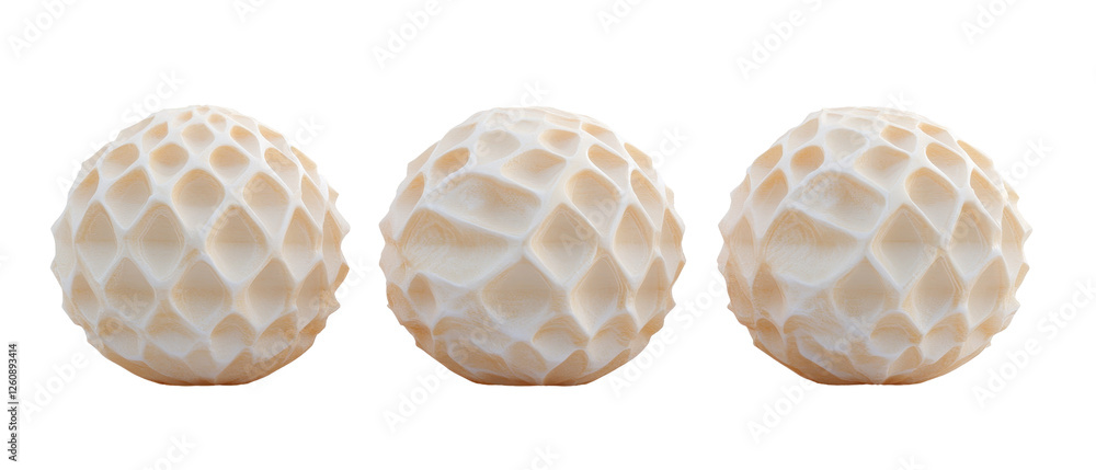 Poster three textured spheres with geometric patterns in a light cream color. transparent background