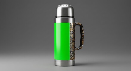 Insulated Stainless Steel Thermos Bottle with Green Label and Decorated Handle