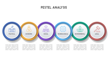 Professional PESTEL Analysis Infographic with 3D Effect Circular Icons and Business Factors on White Background