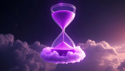 a giant hourglass floating in deep space, glowing purple sand forming nebulous clouds as it falls, cosmic lighting, surreal sci