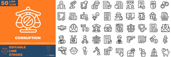 Corruption Line  Editable Icons set. Vector illustration in modern thin line style of corruption icons: Bribe Money, money laundering, anti corruption, etc