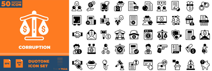 Corruption Duotone Editable Icons set. Vector illustration in modern thin duotone style of corruption icons: Bribe Money, money laundering, anti corruption, etc