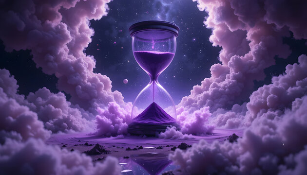 a giant hourglass floating in deep space, glowing purple sand forming nebulous clouds as it falls, cosmic lighting, surreal sci - Powered by Adobe