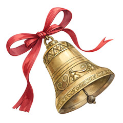 Ornate Gold Bell with Red Ribbon Bow Watercolor Illustration Festive Christmas Holiday Decoration Vintage Style Image