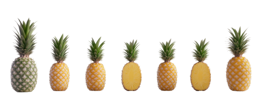 A row of pineapples showcasing various sizes from small to large, vibrant colors. transparent background