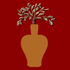 An abstract branch with leaves in a large vase. Vector illustration of stylish home decor. A flower pot with a plant.