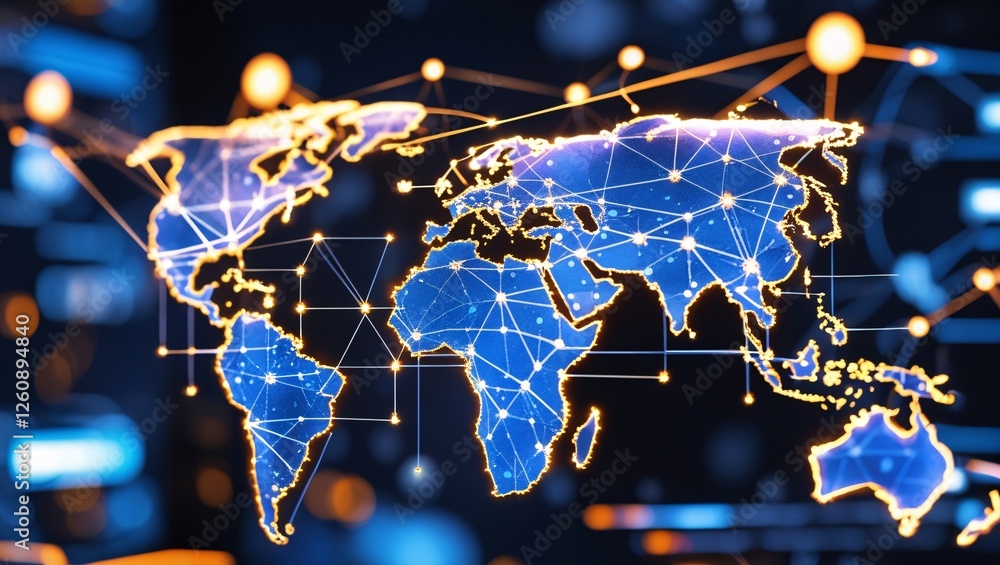 Poster global network: a stylized, futuristic map of the world, rendered in glowing blue and interconnected