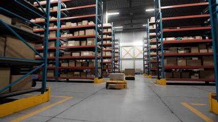 Logistics Distribution Center: Automated Guided Vehicles Transporting Cardboard Boxes in Modern Retail Warehouse. AGV Robots Carrying and Delivering Packages with Products, Goods. 3D Future Technology