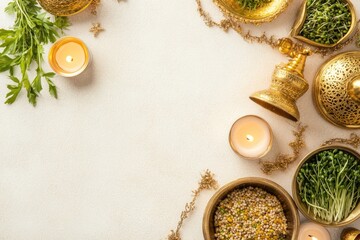 Festive Table Spread With Traditional Nowruz Food Featuring Green Sprouts and Candles in Soft Lighting From a Top-Down Perspective
