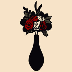 A bouquet of red and beige roses in a black vase isolated on a background. Vector illustration of the bouquet. A botanical decor element.