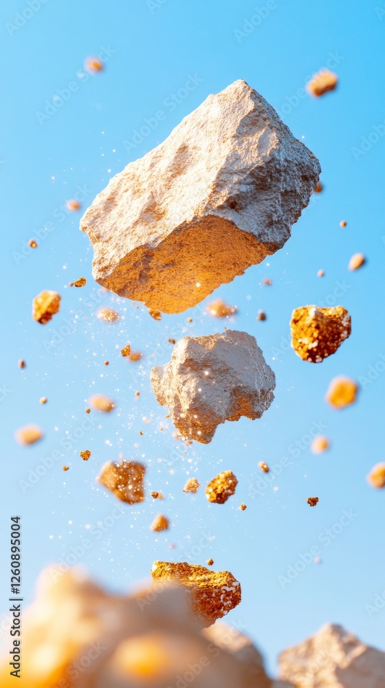Poster celestial stonescape abstract floating rocks with stardust in bright sky - nature-inspired content a