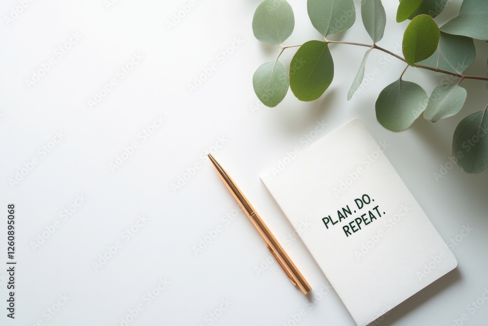 Poster minimalist productivity elegant white notepad and gold pen with affirmation text for business coachi
