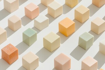 Geometric Arrangement of Colorful Cubes Casting Shadows on Pale Gray Surface Viewed From Above