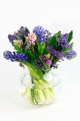 Hyazinthen in einer Glasvase auf weißem Grund