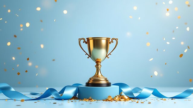 Golden trophy cup dark blue background