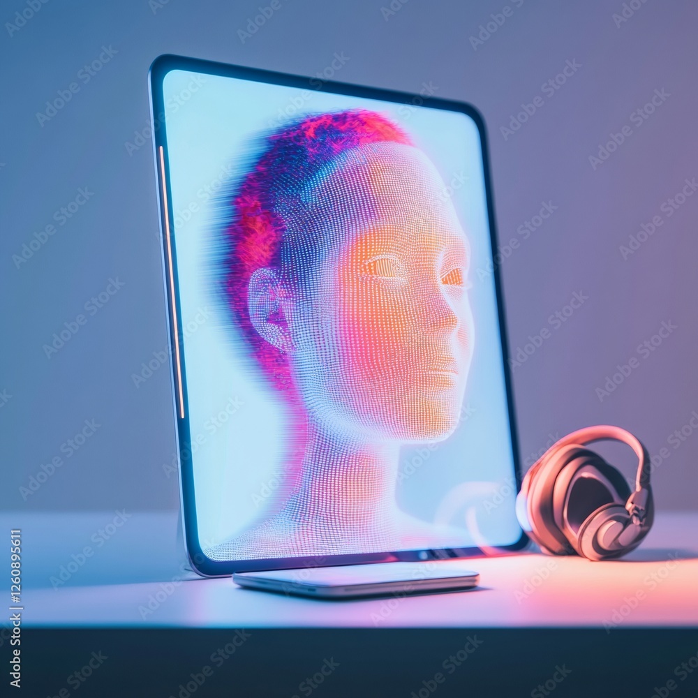 Poster Futuristic AI Interface Sleek Tablet with Real-Time Language Translation and Virtual Speech Analysis for EdTech and Remote Work Innovation