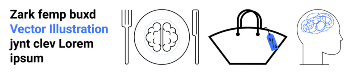 Brain on plate with cutlery, a handbag, and head with a brainstorming mind map. Ideal for consumer behavior, decision-making, mental health, psychology concepts, lifestyle choices, marketing flat