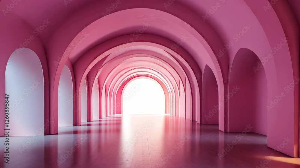Poster minimalist pink hallway with repeating arch openings, sunlight streaming through, creating backgroun