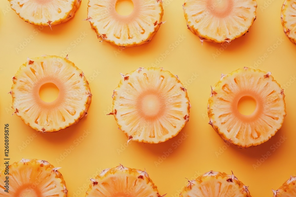 Poster brightly colored pineapple slices arranged neatly on a vibrant yellow backdrop in a stylish composit