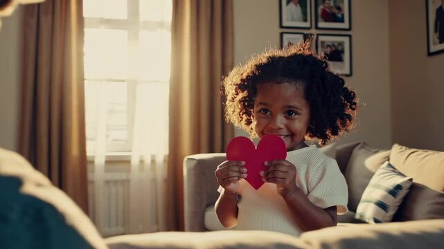 Heartwarming slow motion video of a daughter surprising her father with a handmade red heart for father's day, symbolizing love and appreciation
