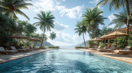 Fototapeta premium tropical getaway featuring a swimming pool surrounded by coconut trees and bungalows at a scenic and peaceful seaside resort