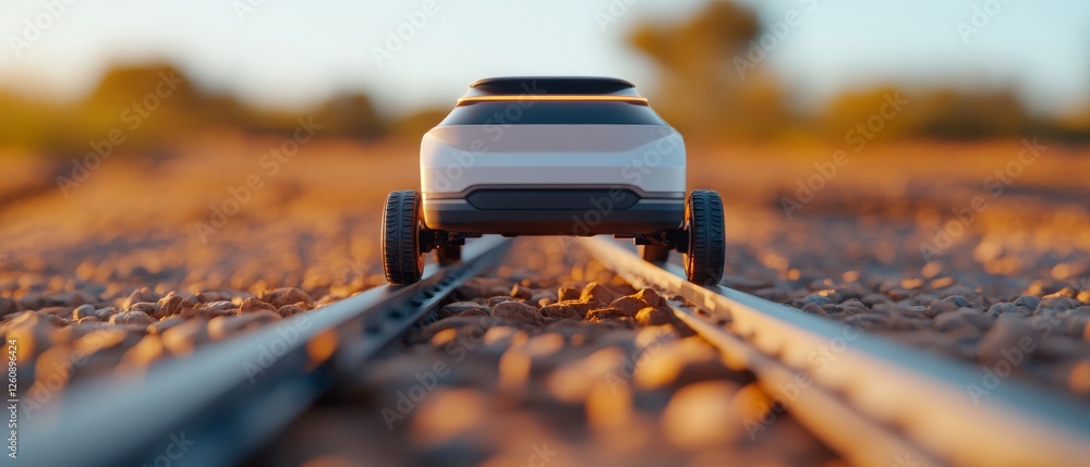 Poster Futuristic Autonomous Vehicle on Gravel Track Sleek Minimalist Design with Cutting-Edge Robotics and Sensor Interface - Revolutionizing Transportation and Tech Education