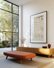 Modern Living Room, Featuring Minimalist Furniture and Natural Lighting, Enriching Artistic Decor and Serene Ambience
