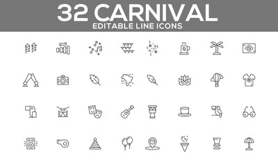 Carnival Line Icons Set | Editable Festival and Celebration Icons for Web and App Design