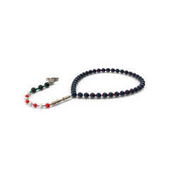 Religious beads isolated for prying, Agate stone prayer beads tasbih on a white background, Prayer beads in the shape of a crescent for Ramadan, Islam necklace beads, and rosary icon