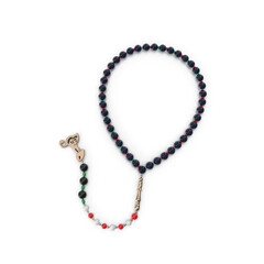 Religious beads isolated for prying, Agate stone prayer beads tasbih on a white background, Prayer beads in the shape of a crescent for Ramadan, Islam necklace beads, and rosary icon