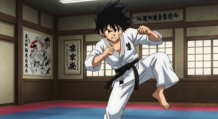 Anime Karateka Performing Martial Arts Kick in Dojo Training Session
