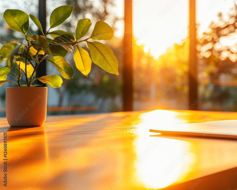 Poster sunlit collaborative workspace minimalist desk with potted plant and sun flare - biophilic design fo