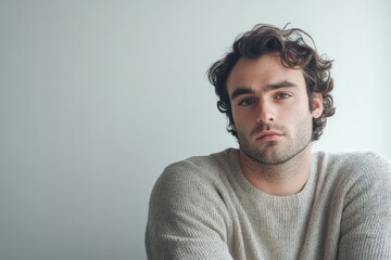 Fototapeta premium Thoughtful Young Man in Casual Sweater Posing Against a Soft Background