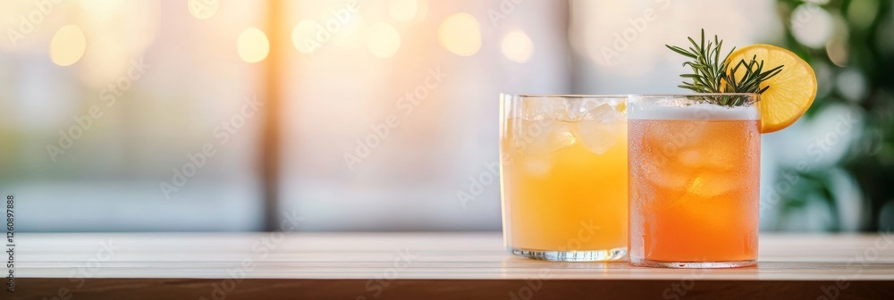 Poster ambient craft cocktail scene illuminated string lights over a wooden counter with colorful drinks - 