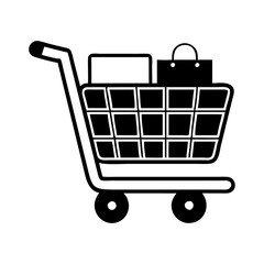 Shopping cart icon with bag and purchases, black and white style, minimalist design