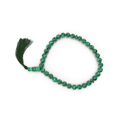 Religious beads isolated for prying, Agate stone prayer beads tasbih on a white background, Prayer beads in the shape of a crescent for Ramadan, Islam necklace beads, and rosary icon