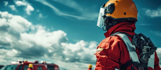 Firefighter in Protective Gear Observing Emergency Scene Outdoors