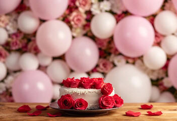 An enchanting photo showcasing a heart-shaped cake embellished with icing roses and surrounded by vibrant petals. Heart-shaped balloons are artistically arranged in the background, creating a whimsica