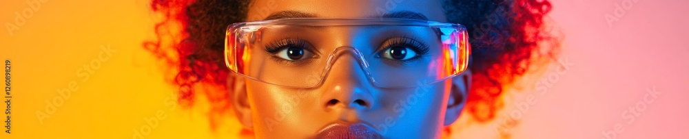 Poster Vibrant Tech Fusion Young Scientist with Transparent Goggles in Fluorescent Laboratory Setting - Modern Innovation Content and Healthcare Research Market