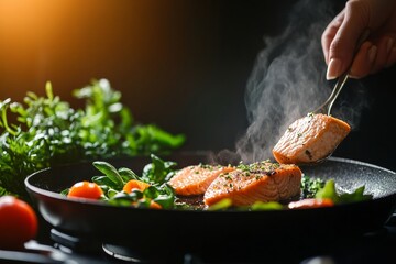 Fototapeta premium Natural Light Low-Carb Meal Prep Lean Chicken and Salmon Fillets Grill - Inspiring Health and Wellness Content for Modern Lifestyle and Fitness Enthusiasts