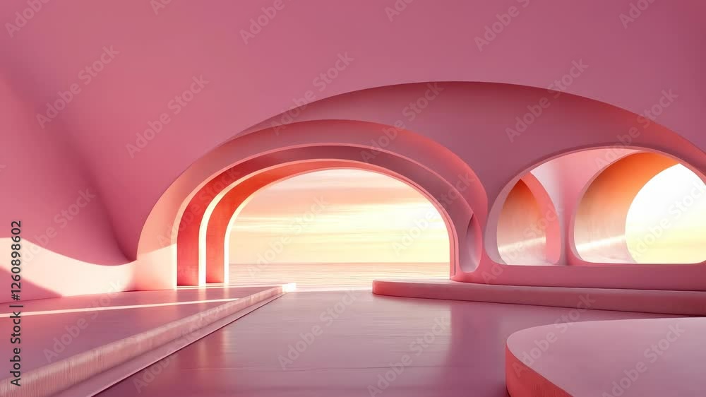 Poster minimalist pink hallway with repeating arch openings, sunlight streaming through, creating backgroun