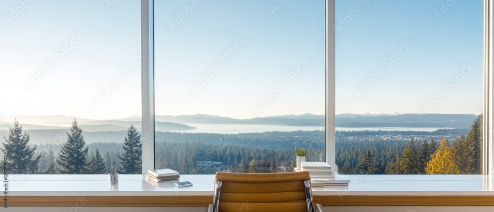 Aufkleber biophilic workspace design minimalist office with floor-to-ceiling windows and natural lighting - mo