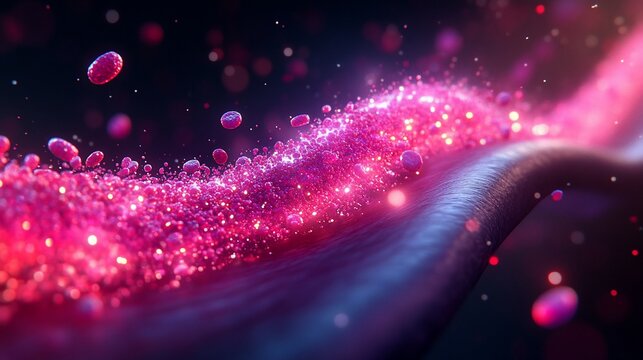 Pink particles flowing in vessel, dark background, science concept, medical illustration