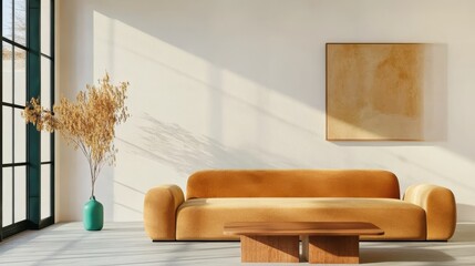 Modern Living Room, Inviting Cozy Setup With Chic Sofa, Decorative Coffee Table, Minimalist Aesthetic Design Context