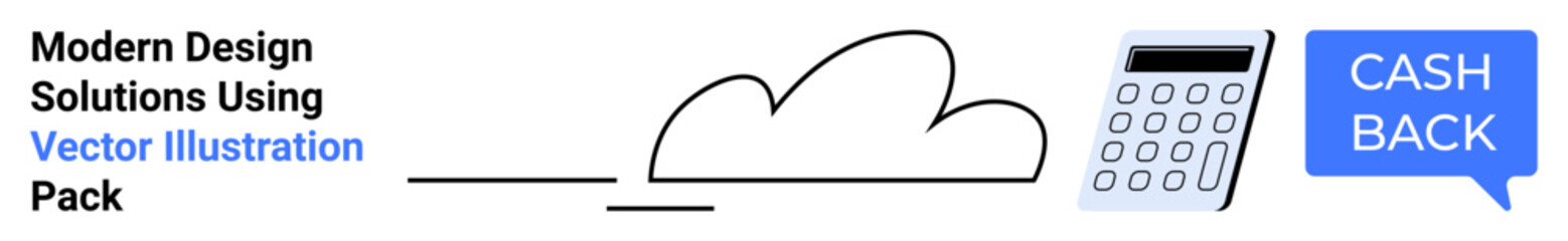 Simplified cloud graphic, calculator, and cashback speech bubble represent calculation, finance, and modern solutions. Ideal for cloud computing, fintech, cashback offers, accounting digital tools