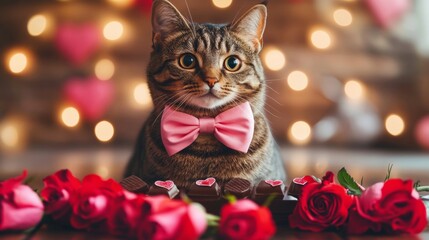 portrait of a sitting cat with red flowers and a bowtie
