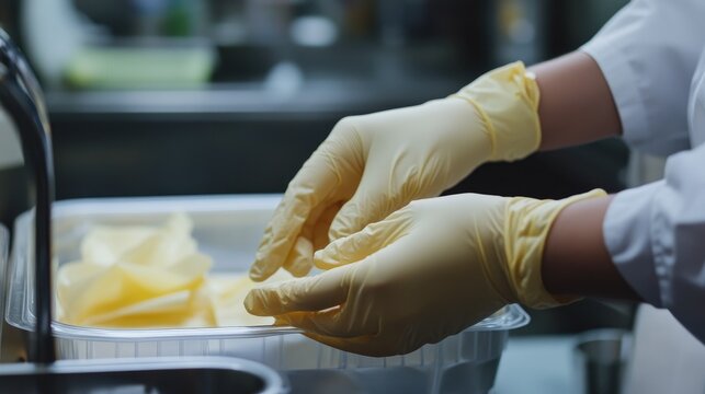 Glove Usage A detailed focus on a hand putting on disposable gloves reminding the importance of hygiene while handling food and health equipment.