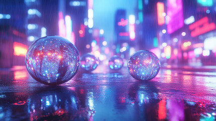 Colorful orbs reflecting lights on a wet city street at night in an urban environment