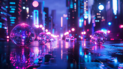Naklejka premium Vibrant neon cityscape with reflective glass spheres on a wet street at night
