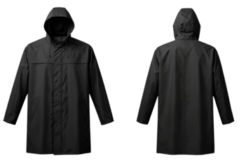 Front and back view of a black raincoat template on a transparent background.	
